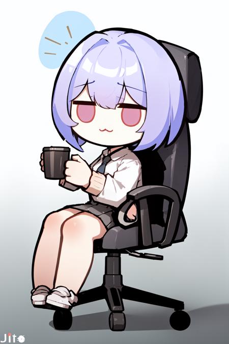 xielian, solo, chibi,office chair,sitting, full body,:3,jitome,holding cup,