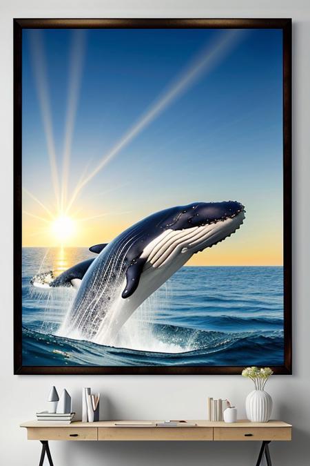 Master level highly detailed whale swimming in the ocean with the sun rays shining down