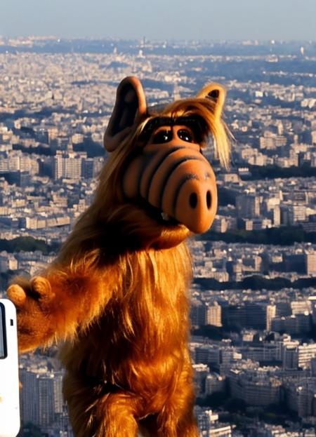 alf person taking a selfie on the top of the eiffel tower, sunset, golden hour, view of the city.