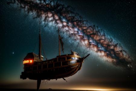 (absurdres, highres, ultra detailed), realistic style, 8k, exposure blend, medium shot, bokeh, high contrast,  low saturation,  3d render, cgi, symetrical, octane render, 35mm,  
 detailed background, milky way, nebula, moon, sun,  silver star constellations in background, backlighting,  ethereal atmosphere, extremely detailed CG unity 8k wallpaper, intricate details, (style-swirlmagic:1.0),   detailed background, close up,  detailed face, (gothic dark ages theme:1.1),  floating in the air, glowing magical shards, surrounded by blue magical crystals,  rock formations, stalactites,  magical floating particles, crystal glass,  crystal sphere, crystal canyon background, (shallow water:0.7),  epic ethereal atmosphere,   updraft, flying ship