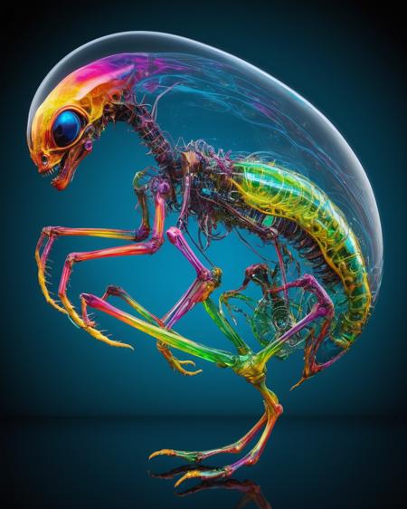 focus on alien non-anthropomorphic bioengineered creature, transparency:1.4, (detailed cybernetic implants fused with organic matter:0.5), full body, (with intensely vibrant swirling colors:1.9), realistic photo, <lora:add-detail-xl:1.0> ,  <lora:artialien:1> artialien