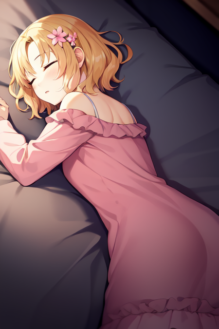 mariacampbell, short hair, hair flower, 1girl, solo, sleeping, pink nightgown