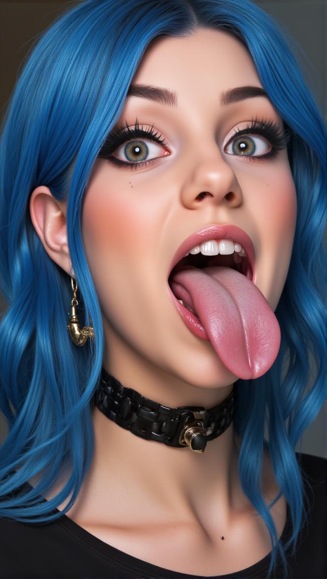 AiArtV, woman, open mouth, blue hair, earrings, teeth, choker, tongue, tongue out, mole, black choker, makeup, portrait, realistic, long tongue