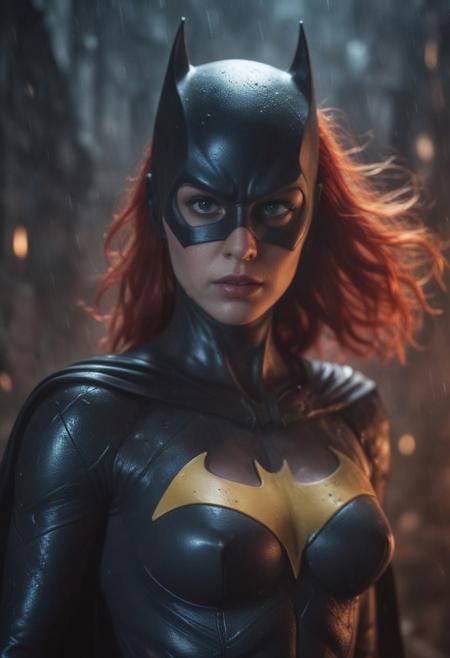 High resolution ultra-realistic of beautiful realistic Batgirl fighting against alien invasion, cinematic style, standing on a bloody and stormy battlefield in a fighting pose, bloody massacre, realistic modern combat costume, black mask, red cape, perfect athletic figure, wavy red hair, handsome dirty bloody face, beautiful perfect detailed pupils, wet oily shiny skin, covered in dirt and blood, beautiful firm Breasts, defiant and seductive, sexy 20 year old girl, 8k resolution concept art portrait by Greg Rutkowski, Dark Gotham City, realistic blue eyes, full body, Artgerm, WLOP, Alphonse Mucha, dynamic lighting, hyperdetailed, intricately detailed, Splash art trending on Artstation triadic colors, Unreal Engine, 5 volumetric lighting, Cinematic Lighting, intricate, smooth, sharp focus digital painting, Asymmetrical Balance, painting, dynamic lighting