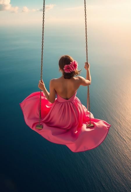 A serene and surreal scene featuring a woman's back view on a swing suspended high above the vast, empty ocean. The woman is dressed in an elegant, flowing pink dress with a dahlia flower in their hair, adding a touch of vibrant color against the calm blue backdrop of the sea and sunny, warm sky.