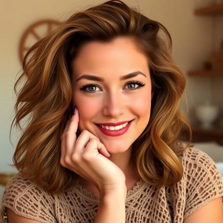 A confident, smiling woman with wavy, voluminous, light brown hair that reaches past her shoulders. Her hair has a natural, slightly tousled texture. She has a fair complexion with subtle makeup: neutral eyeshadow, defined eyeliner, and bold red lipstick. Her expression is relaxed and self-assured, with her chin resting gently on her hand, her fingers partially covering her cheek. Her nails are painted in a dark, elegant color.
She is wearing a bohemian-style, open-knit crochet top in a beige or light brown tone, with intricate patterns and visible texture. The top has short sleeves and a loosely woven design, giving it a casual, summery feel. The background is softly blurred, hinting at a cozy indoor space with neutral tones and subtle decor.
Camera Details:
Close-up, portrait orientation
Soft lighting, warm tone
Shallow depth of field for a blurred background
Natural, candid pose with slight smile and direct gaze toward the camera