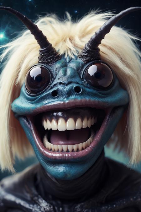 portrait of a beetle monster, human smile, human teeth,galaxy eyes, lips, blonde fur on head