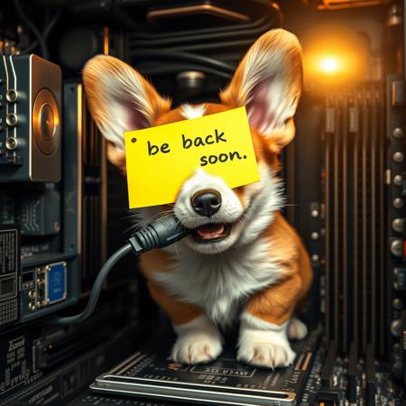 semirealistic, a cute corgi puppy with an unplugged computer cord in its mouth, inside a computer motherboard. THE message "be back soon" written on a yellow sticky note, detailed mirroring horizon, wining award digital art, hight detailed,Insane resolution. Insane details. Masterpiece. 32k resolution. casting shadow style, cucoloris patterned illumination, cinematic composition and lighting. Masterpiece. Very detailed.