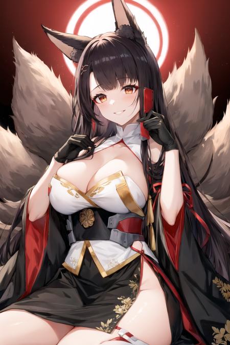 masterpiece, best quality, AkagiV4, azur lane, akagi (azur lane), 1girl, animal ears, black hair, black kimono, breasts, brown hair, brown tail, fox ears, fox girl, fox tail, gloves, japanese clothes, kimono, kitsune, large breasts, long hair, looking at viewer, multiple tails, red eyes, smile, tail, <lora:AkagiV4-10:0.8>