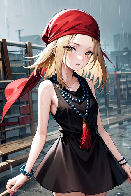 masterpiece, best quality, highres, kaa, yellow eyes, black dress, bead necklace, sleeveless, bracelet, bandana, <lora:kyouyama_anna_v1:0.7>, cowboy shot, outdoors, rain, wet,