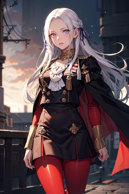 edelgard, 1girl, long hair, purple eyes, solo, white hair, looking at viewer, standing, red_pantyhose, cape, hair ornament, ribbon, uniform, simple background, large breasts, focus, depth of field, bokeh,  <lora:Edelgard-03:1>, facing viewer,