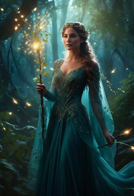 A mesmerizing, high-definition cinematic image of a captivating enchantress holding a glowing vine staff. The female character has a bewitching aura and wears an elegant gown, with her hair adorned with mystical leaves. The intricately detailed double exposure features a magical, enchanted forest with a dramatic depth, where sparkling luminous fireflies illuminate the scene. The overall ambiance is magical, ethereal, and filled with a sense of wonder and mystery.