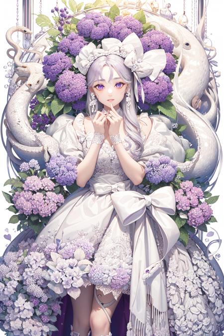 -1girl, long hair, solo, flower, bow, hydrangea, purple eyes, snake, looking at viewer, hair bow, dress, very long hair, white bow, snake hair, white hair, parted lips,White hell,<lora:White hell-000018:0.9>,