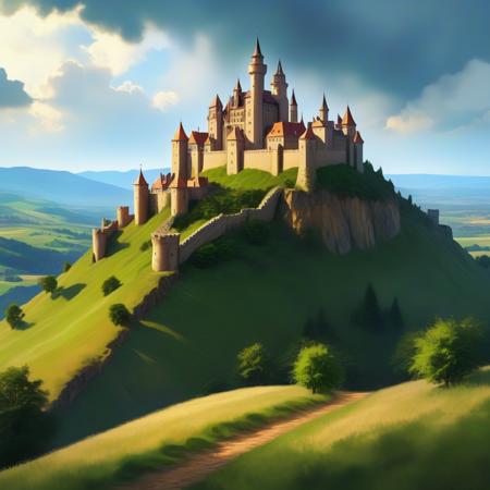 castle on top of a hill, high quality, masterpiece, digital painting