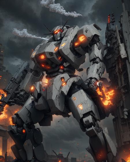 best quality,masterpiece,highly detailed,ultra-detailed, 
ac6, solo, android,robot,mecha, 
one eye,glowing eye, mechanical arms, black gloves, sunglasses, huge airplane wings,glowing sword, 
holding gun, looking ahead, mecha, military, no humans, non-humanoid robot, robot, science fiction, solo, weapon ,assault rifle, fighting stance, dynamic pose, backpack,helmet
bulletproof vest, glowing eye, full armor,  
dark sky, cloudy sky, smoke, 
blurry background,  <lora:AC6:0.3>