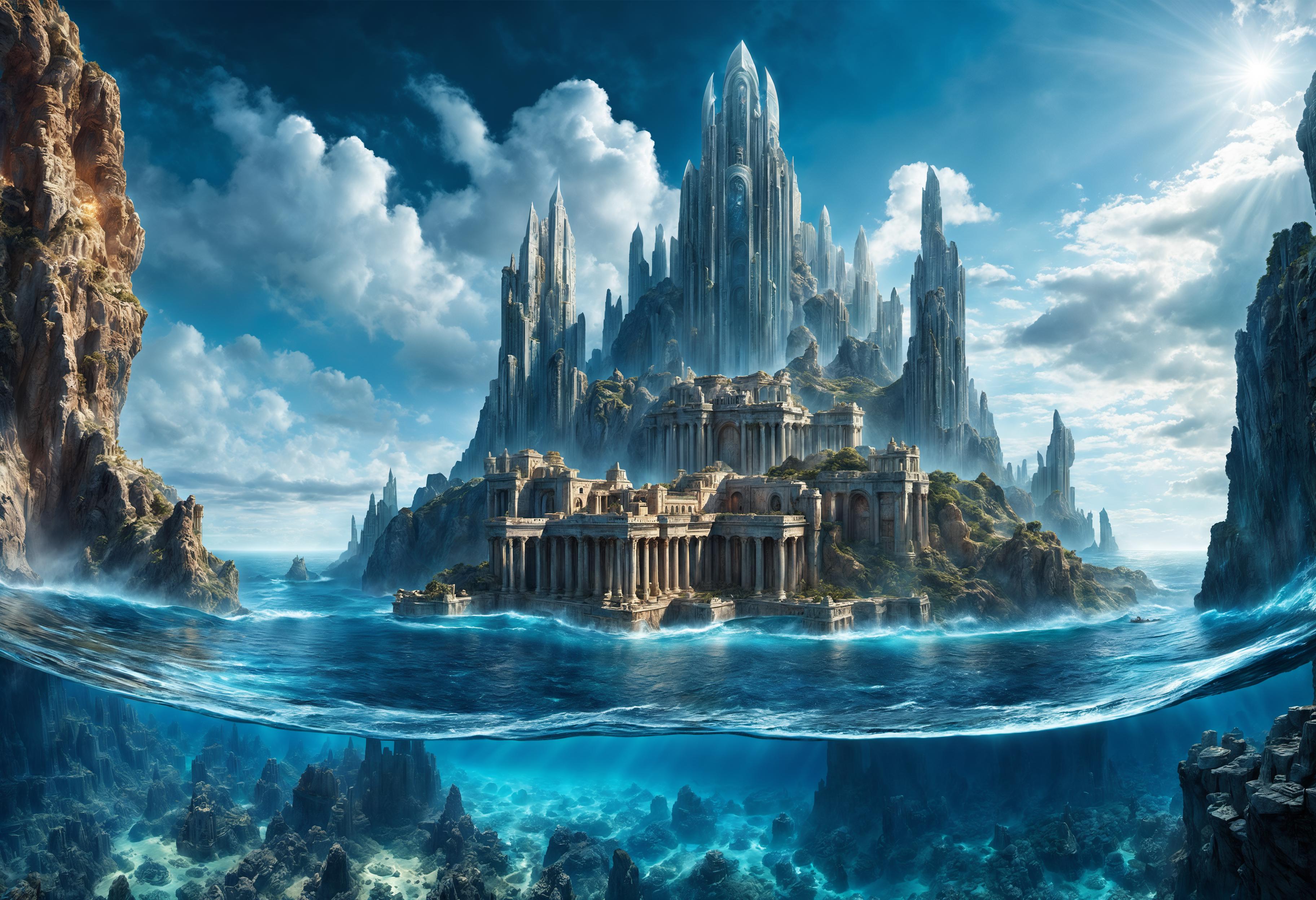A beautifully rendered digital art piece featuring a castle or palace sitting on top of a body of water, with a blue sky and clouds surrounding it. The scene is breathtaking, giving the impression of a fantasy world with grand architecture.