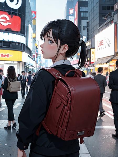 (1 women:1.3), solo, wearing business suits and business shirt,
bokeh background, day time shopping street of Shibuya Tokyo, stores, neon signs,
<lora:randoseru_v1.1:1>, wearing randoseru backpack, view from behind