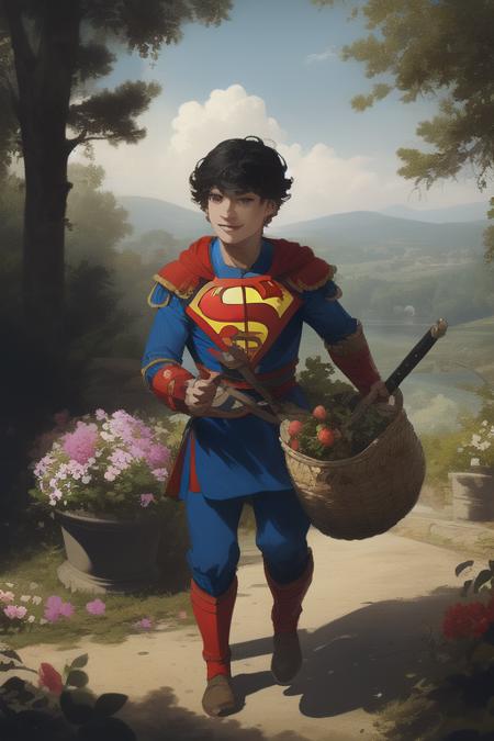 In a tranquil garden surrounded by flowers and leafy trees, stands a young ephebe dressed in his impeccable Roman legionary uniform. His armor glows in the sunlight, but in this peaceful environment, he is not prepared for battle.

Instead of weapons, he carries a basket of fruit and a jug of wine in his hands. His face shows a relaxed smile and his eyes sparkle with joy as he enjoys a well-deserved break in the middle of nature. 

The young ephebe is seated on a stone bench, surrounded by books and scrolls that indicate his interest in knowledge and culture. Beside him, a lyre rests, ready to play soft, harmonious melodies.

While savoring fresh fruits and sipping wine, the young ephebe enjoys the serenity of the garden. The sound of birds chirping and the scent of flowers in the air bring you peace and tranquility.

Art layer upon layer. Highres detailedly. Highres resolution. Highres Definitely. Depth of field. Wide viewing angles. HDR. Dynamic Contrast, Jon Kent, Superboy, Black Hair, Blue Eyes, Baroque, Light, Dark, Art