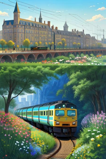 a photo of the nice Isometric_Dreams, a painting of a flower in a vase with a train on it's side and a building in the background