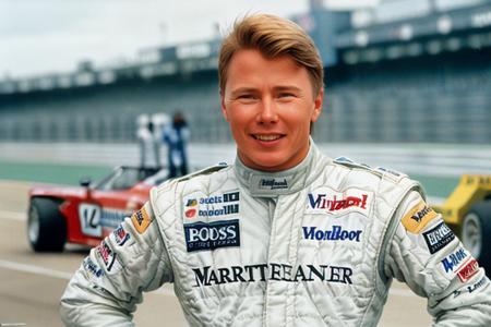 Portrait of Mika Hakkinen <lora:Mika Hakkinen V1:0.7>, racing suit, dramatic, realistic, smile, high quality, intricate details, full body shot, standing next to a sports car, race track, 4k, film grain, 1990's, retro