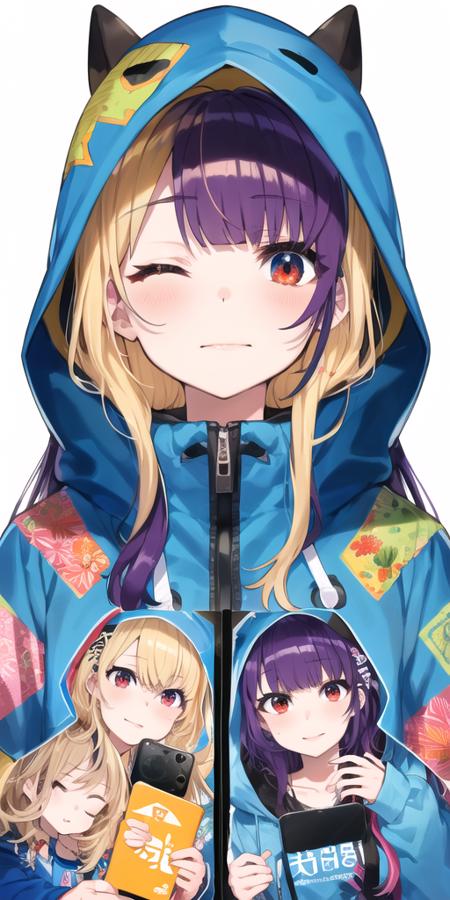 1girl, blonde hair, blush,closed mouth, colored inner hair,hood, hoodie, lantern, long hair, long sleeves, looking at viewer, multicolored hair, one eye closed, paper lantern, print hoodie, purple hair, red eyes, simple background, smartphone, solo, two-tone hair, unmoving pattern, upper body, white background, <lora:mika_locon_v1d:0.7>