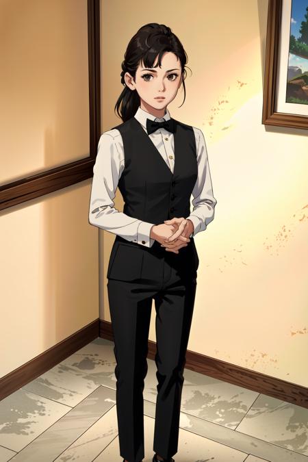 1girl,standing,facing viewer,looking at viewer,arms at sides,white shirt,black vest,black bowtie,black pants,leather shoes,milliesa,black hair,pontytail,in casino,luxurious style,indoors,<lora:MillieSA:0.7>,