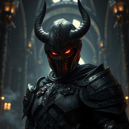 "A cinematic portrait of Ventdra, the Empowered Warrior: towering armored figure with a horned helmet (carbon fiber with etched runes), glowing crimson eyes with particle effects, and battle-scarred obsidian armor. Set in the Curse of the Shadow Prison—a dimly lit gothic hall with blurred gothic arches, crumbling stone pillars, and chains dangling from ceilings. Dramatic chiaroscuro lighting highlights Ventdra’s silhouette, casting long shadows. Hyper-detailed textures: cracked armor plating, glowing eye circuitry, and matte-black leather straps. Stylized with Dark Souls ambiance and Alphonse Mucha’s art nouveau flourishes—flowing cape patterns, gold filigree. Rendered in Unreal Engine 5 realism, Octane Render gloss, and Dutch angle composition. Color palette: midnight blacks, blood red accents, and ethereal gold highlights. Background features faint glowing glyphs and spectral mist. Trending on ArtStation, 8K HDR, golden ratio framing, cinematic depth-of-field. Tags: dark fantasy warrior, menacing aura, hyperrealistic armor, volumetric fog, flickering torchlight."