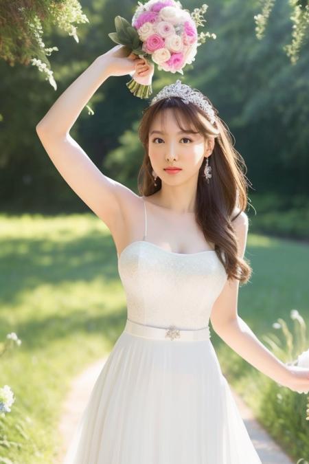 <lora:TwiceNayeon:1>,nayeon,RAW,(8k, best quality, masterpiece:1.2),(full body shot:1.4),octane render,extremely detailed CG unity 8k wallpaper,studio soft light, rim ligh,in forest,sunlight,standing,(a girl is wearing wedding dress:1.5),hyper realistic detail shiny skin,ultra detailed,(ultra realistic:1.5),(looking at viewer:1.2),(intricate:1.2),(photorealistic:1.4),1girl,(skinny:1.3),detailed background