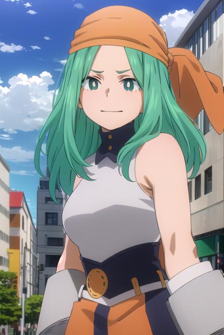 emifukukado, <lora:emi fukukado s3-lora-nochekaiser:1>,
emi fukukado, long hair, (green eyes:1.5), (bright pupils:1.5), green hair, smile,
BREAK skirt, shirt, gloves, bare shoulders, school uniform, white shirt, sleeveless, belt, bandana, orange gloves,
BREAK outdoors, city, sun, clouds, sky,
BREAK looking at viewer,
BREAK <lyco:GoodHands-beta2:1>, (masterpiece:1.2), best quality, high resolution, unity 8k wallpaper, (illustration:0.8), (beautiful detailed eyes:1.6), extremely detailed face, perfect lighting, extremely detailed CG, (perfect hands, perfect anatomy),