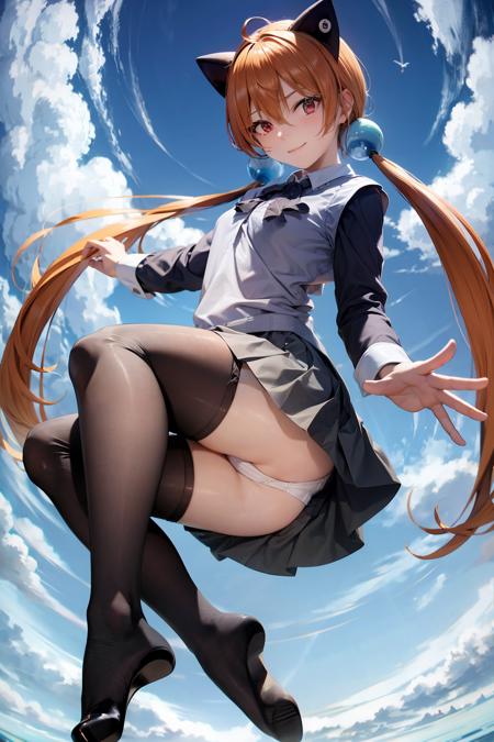 masterpiece, best quality,1girl, pantyhose, skirt, panties, long hair, underwear, solo, twintails, purple eyes, sky, panties under pantyhose, cloud, day, long sleeves, wings, ass, black skirt, lens flare, pleated skirt, looking at viewer, blue sky, black pantyhose, shoes, orange hair, shirt, outdoors, upskirt, vest, very long hair, full body, bangs, brown hair, from below, flying, pantyshot, closed mouth, miniskirt, black footwear, smile, white panties, midair, white shirt, red eyes, grey shirt, shoe soles, low twintails, hair between eyes, cloudy sky, short over long sleeves, layered sleeves, outstretched arm, crotch seam