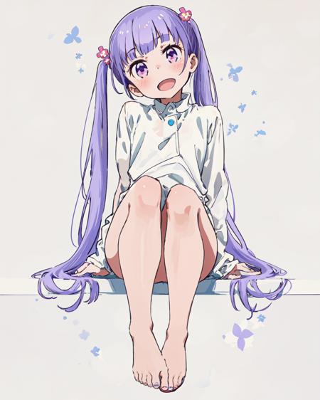 1girl, purple eyes, solo, long hair, twintails, smile, looking away, purple hair, hair ornament, blush, simple background, bottomless, full body, barefoot, open mouth, foot focus, white background, head tilt, white shirt, blunt bangs, toes, looking at viewer, <lora:Suzukaze_Aoba:1>,