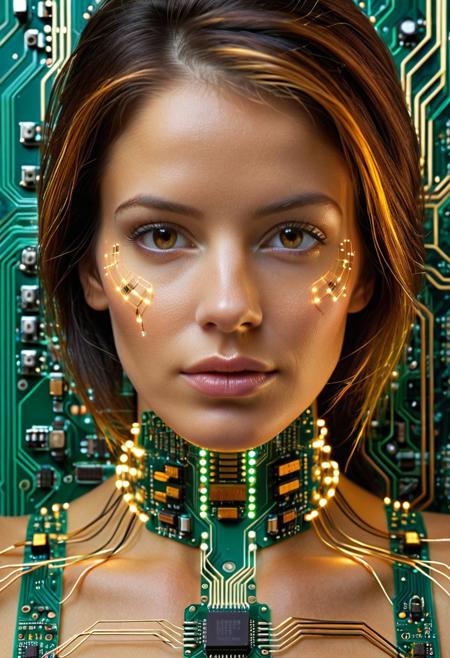 Transistor Woman: Electronic Beauty
Concept: Transistors, woman, portrait, intricate details, circuit board background, glowing elements, futuristic.
Core Elements: woman's face and upper body subtly formed by transistors and circuit patterns, glowing pathways accentuating features, background of a detailed microchip.
Atmosphere/Mood: enigmatic, futuristic, intricate, intelligent, technological.
Setting Details: close-up portrait of a woman, her skin subtly integrated with microscopic transistors and circuit lines, set against a detailed background of a microchip surface.
Central Figure Details: woman. Delicate lines of transistors and glowing pathways subtly trace her facial contours, hair strands, and clothing. Eyes may have a soft, internal glow. Her expression is serene and intelligent. The background is a detailed landscape of a microchip, with visible transistors and circuit connections.
Lighting: soft, internal glow emanating from the circuit patterns on the woman and within the microchip background. Creates subtle highlights and shadows, emphasizing the intricate details.
Composition: portrait, close-up, face, upper body, microchip texture.
Color Palette: subtle blend of skin tones with greens, blues, golds. Background features various metallic and silicon hues with glowing pathways in contrasting colors.
Quality: Transistors, photorealistic, ultra detailed, sci-fi, visually striking, hyperrealistic, futuristic, woman, microchip.