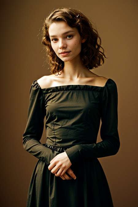 LizaKorol, ((1880s photograph, upper body, portrait, Victorian bustle gown, high neckline, long sleeves, in an opulent Victorian parlor)), large-format wooden box camera, 300mm f/11, 1/5s, ISO 20, ((sepia-toned))