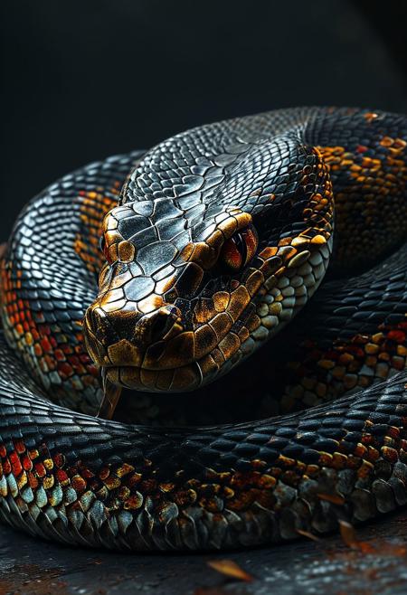 apture a photo-realistic image of a snake with dragon horns, no legs, adorned with black scales featuring intricate red and gold patterning. The snake should have colorful, beautiful eyes and be depicted in a dynamic full-body pose. Utilize cinematic lighting with Rembrandt lighting techniques to create depth and drama in the image. Incorporate volumetric lighting to enhance the atmosphere around the snake. The photograph should be taken with an aperture of F/2.8 to create a shallow depth of field and focus attention on the subject. Ensure maximum detail and ultra-realism in the rendering. The snake should be centered in the frame, commanding attention and exuding beauty and majesty. The overall composition should be visually captivating and showcase the intricate details of the snake's scales and horns.
(Dramatic Lighting, Photography, 3D Illustration, Vibrant Colors, Exquisite Detail, Award Winning, (made out of metal,shiny metal,metal scales,rusty metal:1.4)Stunning)  <lora:MJ52:0.5> epiCPhoto