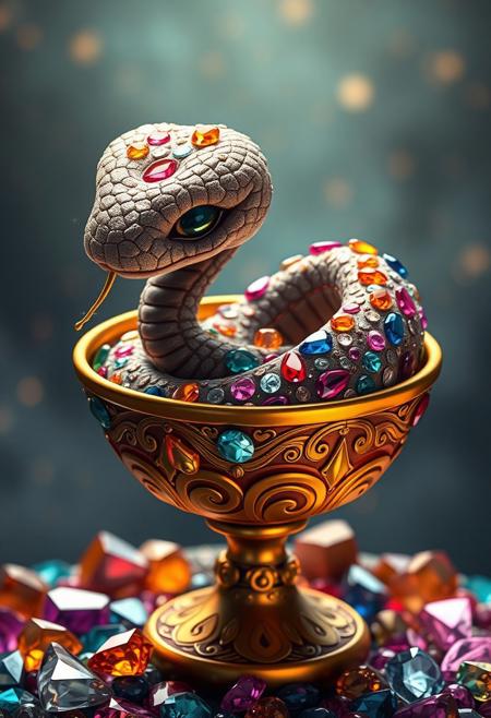 A hyper-stylistic, extremely detailed image depicts an adorable jewel-covered rock snake, reminiscent of a Pixar film, coiled in a stunning goblet filled with precious gems. The snake's rocky body is loaded with shiny jewels, each one perfectly placed to create a dazzling display of color and light. Its scales glimmer and shine like polished gemstones, and its tiny, sparkling eyes seem to twinkle with delight. The goblet itself is a masterpiece of craftsmanship, with delicate, swirling patterns and a rim that shines like molten gold. Every detail of the scene is meticulously crafted, from the subtle, nuanced colors of the gems to the intricate, textured patterns on the snake's rocky scales. The overall effect is one of breathtaking, whimsical wonder, as if the viewer has discovered a hidden treasure trove of magic and enchantment. highest-Quality, intricate details, visually stunning, Masterpiece