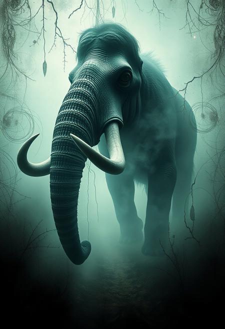 No less to you now than the mastodon then., surreal fine art photography, emotive storytelling, dreamlike atmosphere, expressive textures, ethereal lighting, introspective themes, bold minimalism, intricate linework, whimsical surrealism, dynamic compositions, layered symbolism, soft yet dramatic contrasts, abstract geometry, narrative depth, contemporary and vintage fusion