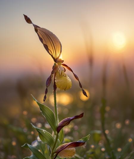 cyp3ca spectacular light, upper body, Ultra-HD-details, Low blur, warm light, dew drops, flower, blurry, no humans, depth of field, close portrait photo, Sunset, Flowering, trioplan 100mm ultra realistic 8k cg, masterpiece, professional artwork, cinematic lighting,Contained Color, Grass, forest