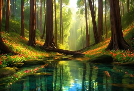 (masterpiece:1.5), unreal 8k wallpaper, unity 8k wallpaper, score 9, score 8 up, score 7 up, masterpiece_portrait, extreme quality, reflection, surface reflection, dynamic lighting, Cinematic style, cinematic quality, ((no humans, no people)), photorealistic, realistic, a spectrum of iridescent colors, precise, fractal design, flowing curves, precision, colorful, fractal geometry, harmonic interference, digital illustration, photo manipulation, altered realities, fantastical scenes, digital artistry, striking visuals, sharp focus, detailed background, light reflection, fairy tale of boundless opportunities and architecture, beautiful dense enormous eucalyptus forest that is so old the eucalyptus trees here are enormous, the ground of the forest is covered in beautiful colored flowers that have a luminescence to them, a light ground fog covers the forest floor as a magical energy is everywhere, rays of sunshine filter through the trees casting beautiful shadows and light reflection, the Forest is so ancient no one knows how long it's been here is strange magnificent fairy tale world of ancient times long past, beautiful clear stream, luminescent stream, multicolored butterflies fly around the trees, (absolutely pure and clear water), you were able to see the rocks at the bottom of the stream,