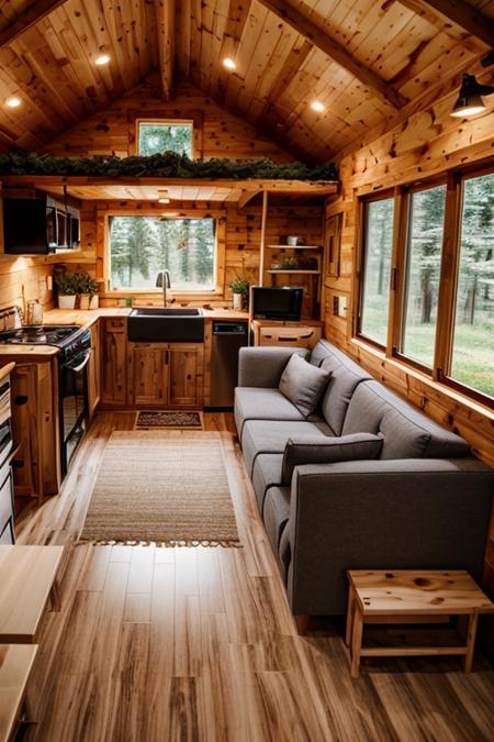 interiortinyhouse interior couch, led tv, kitchen, wooden, ((masterpiece)), realistic, epic, details,<lora:ARWinteriortinyhouse:1>