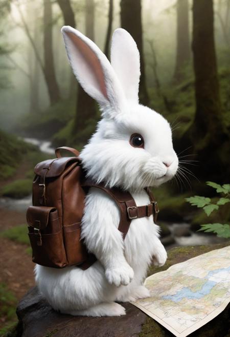 portrait photo, fantasy video game character concept art, a cute white fluffy rabbit wearing a small brown leather backpack looking at a map hiking through a forest, dungeons and dragons, fantasy, river, haze, halation, bloom, dramatic atmosphere, 1970s dark fantasy movie, centred, rule of thirds