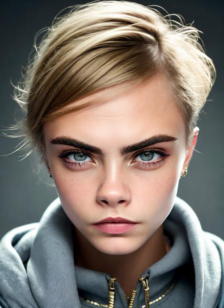 portrait of Cara Delevingne, lonely , wearing sweatshirt , with dark blonde Pixie cut , background dungeon epic (photo, studio lighting, hard light, sony a7, 50 mm, matte skin, pores, colors, hyperdetailed, hyperrealistic), <lyco:Cara Delevingne:1.1>