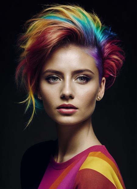 portrait of sks woman by Flora Borsi, style by Flora Borsi, bold, bright colours, rainbow Mohawk haircut, ((Flora Borsi)), <lora:locon_leniklum_v1_from_v1_64_32:1>