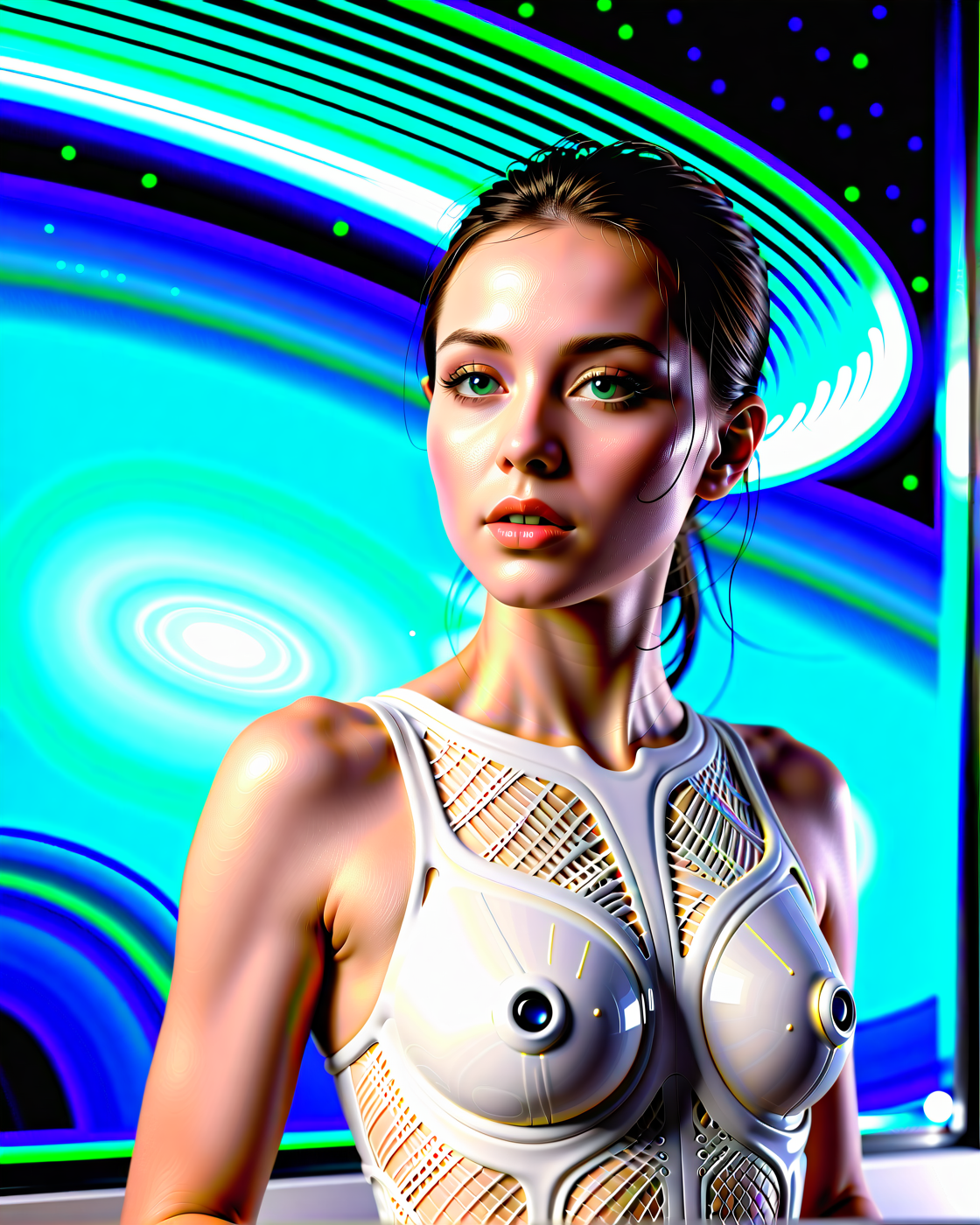 Photo of an ethereal gorgeous humanoid alien girl. Her body appears to be made of a white plastic porcelain material:1.2). Intricate lines and patterns adorn her body. She's surrounded by an ethereal neon blue fog. Sleek futuristic look. Erotic and sensual. In a spaceship. (View of glowing galaxy through the window:1.2). Sterile, portrait photography, cinematic, white and light gray color scheme. 8k, RAW photo, best quality, ultra high res, intricate, photorealistic, masterpiece, ultra-detailed, crisp, vivid lighting.