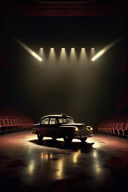 <lora:Roger Deakins Style:1>Roger Deakins Style - an empty theater stage, on the stage there is a taxi driver with his passenger in the back seat, there is no taxi, only elements of the interior of the vehicle photorealsitic, the scene is dark the spotlights illuminate the center of the scene