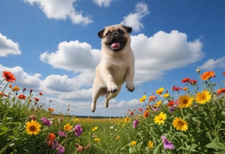 Highly detailed photograph of a pug puppy leaping through the air above a field of colorful flowers. Side view. Floppy ears, big eyes, very cute, very happy, joyful. Blue sky with fluffy clouds. Bright sun, god rays.