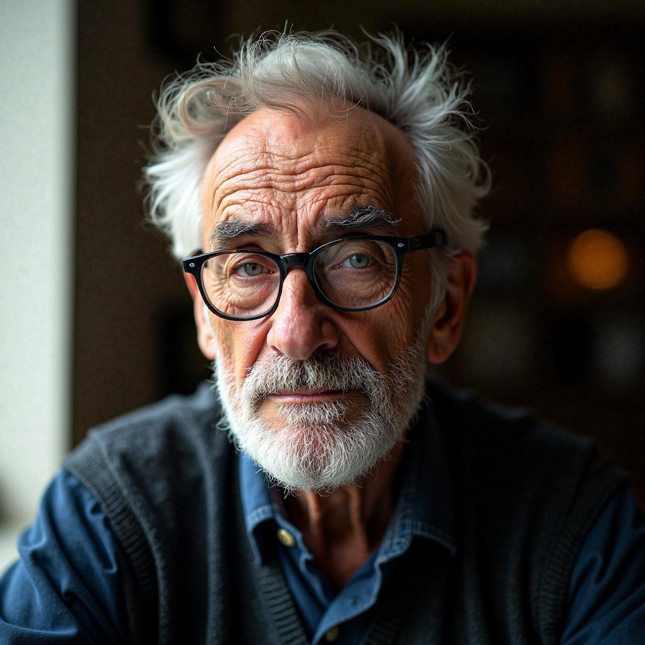 a professional portrait of an elderly man, likely in his late 60s or early 70s, he has a wrinkled, aged face with prominent cheekbones and a full, neatly trimmed beard, his eyes are large and almond-shaped, with a calm, contemplative expression, he wears thin, black-framed glasses that add a touch of intellectualism to his appearance, the man's hair is short and wavy, with some strands framing his face, the background is blurred, but it appears to be an indoor setting with soft, natural light streaming in from a window on the left, casting a warm glow on the subject, the overall mood of the portrait is introspective and slightly melancholic, with the subject's gaze directed towards the viewer, the photograph is rich in detail, capturing the texture of his skin and the folds of his clothing, emphasizing his age and the ruggedness of his face