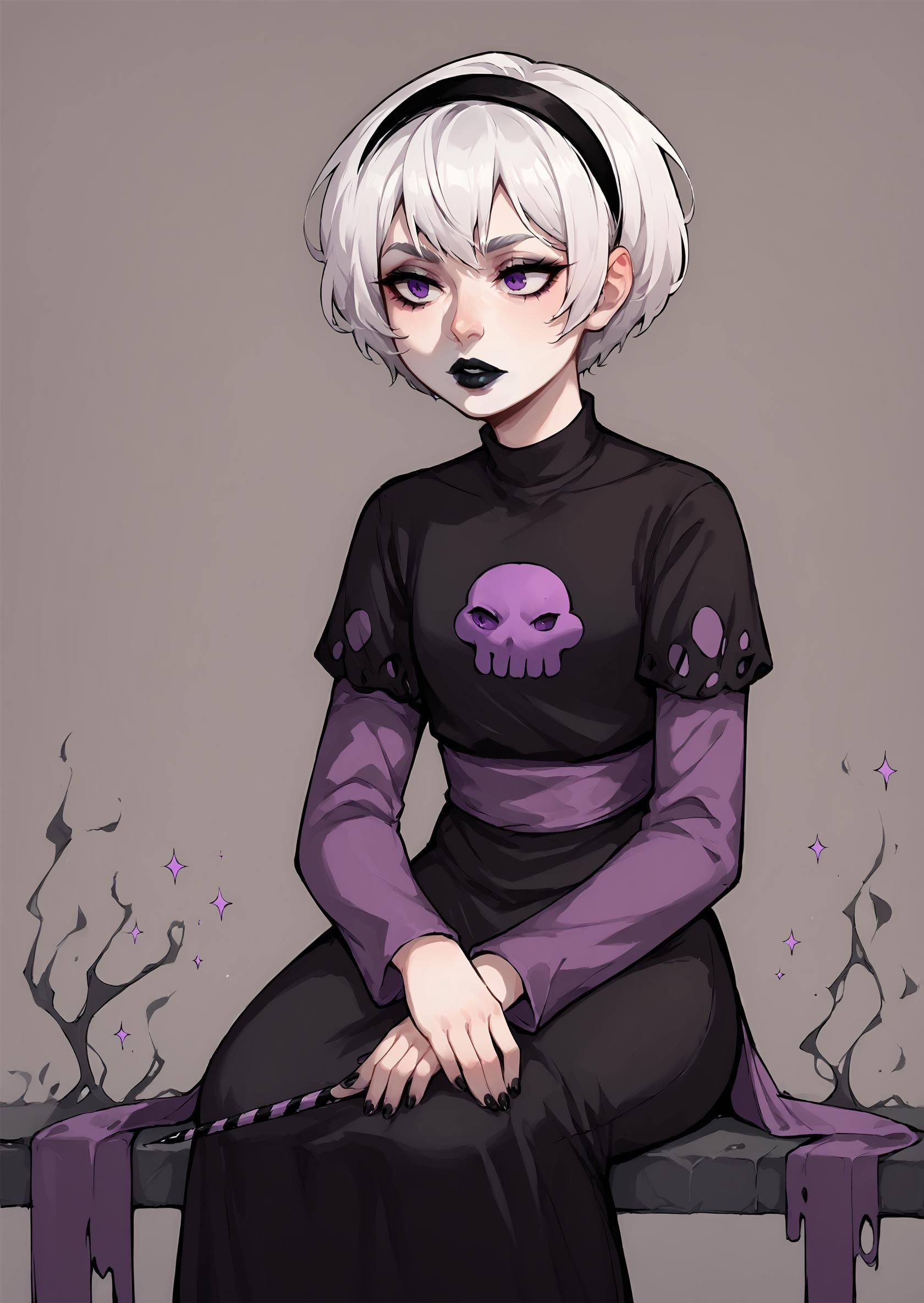 core_9, score_8_up, score_7_up, score_6_up, score_5_up, score_4_up,  1girl, white hair, black hairband, black lips, purple eyes, shirt print, <lora:Rose_Lalonde_-_outfits:0.8>, rosedress, shirt print, 1girl, solo, short hair, dress, sitting, white hair, hairband, nail polish, black dress, makeup, colored skin, lipstick, black nails, skull, wand, black lips, long sleeves, purple sleeves, BREAK source_anime