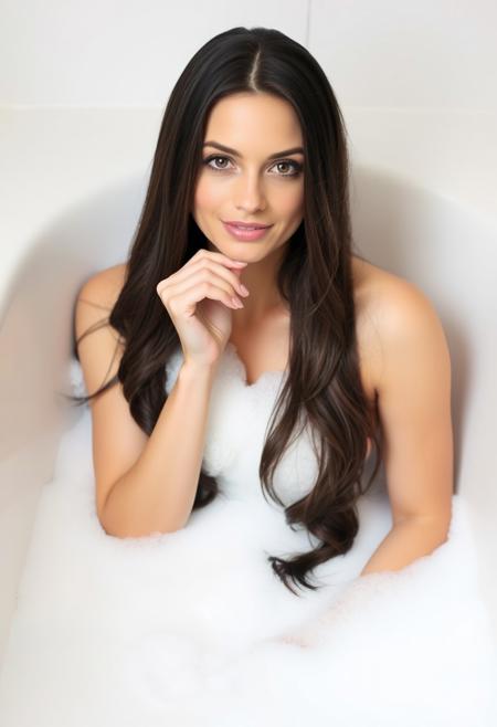 A beautiful woman seated in a bathtub filled with sudsy water. She has long, dark hair and is looking directly at the camera with a slight smile. made of bath foam, looking at viewer, Her hand is raised to her face, resting on her chin as if she's deep in thought or enjoying a moment of relaxation. The background is neutral and does not provide any additional context about the setting.