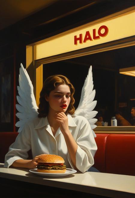 a (female angel:1.5) eating a hamburger in hamburger shop, (halo:1.4),
deep shadows enhancing mysterious atmosphere, long shot, dim light, (oil painting:1.5), in (abstract art:2.0) style, (by edward hopper:1.4),  directional lighting, masterpiece, perfect composition, abstract glitch, long shot, masterpiece,best quality,very aesthetic, absurdres,