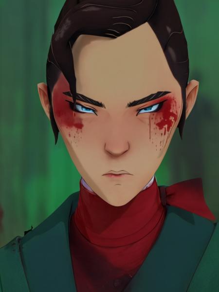 Mizu,  solo,looking at viewer,short hair,blue eyes,shirt,black hair,1boy,closed mouth,jacket,male focus,blood,makeup,looking down,thick eyebrows,red shirt,portrait,red jacket,green background,blood on face,blood on clothes  <lora:BlueEyeSamurai:1>